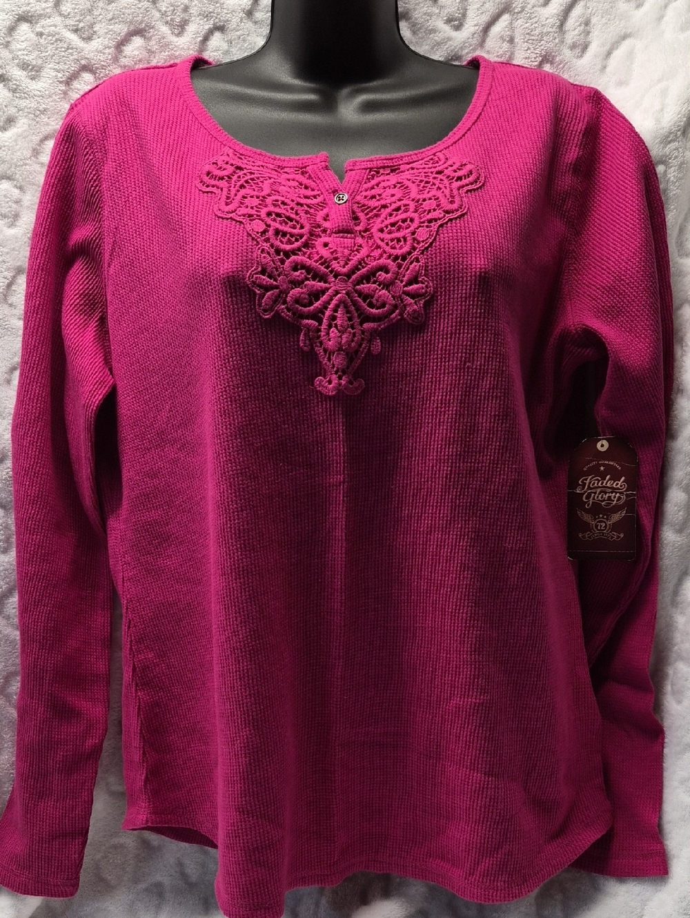 Faded Glory Hot Pink Crochet-Accent Long Sleeve Scoop Neck Top